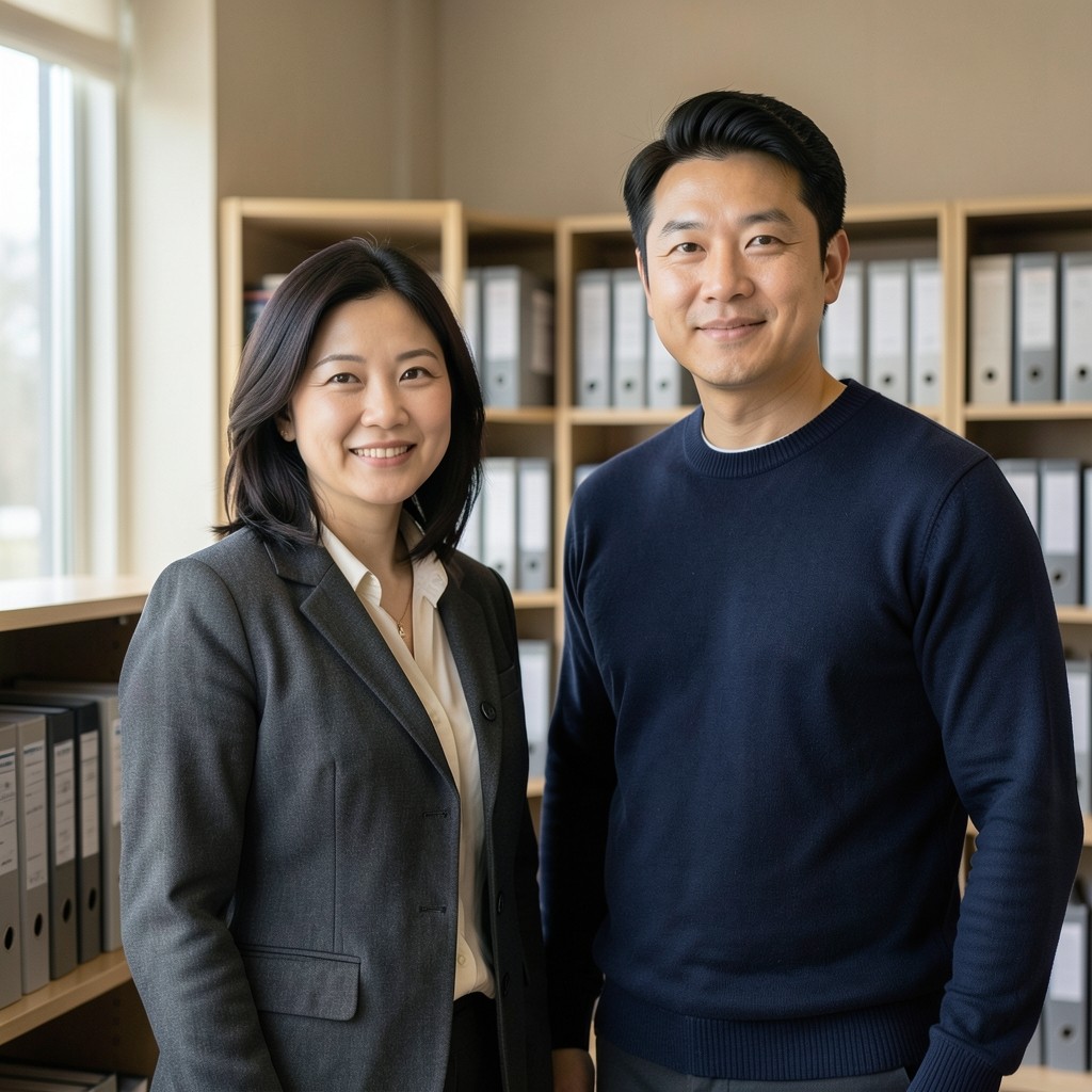 Two library staff standing beside shelves of document binders in a reading room