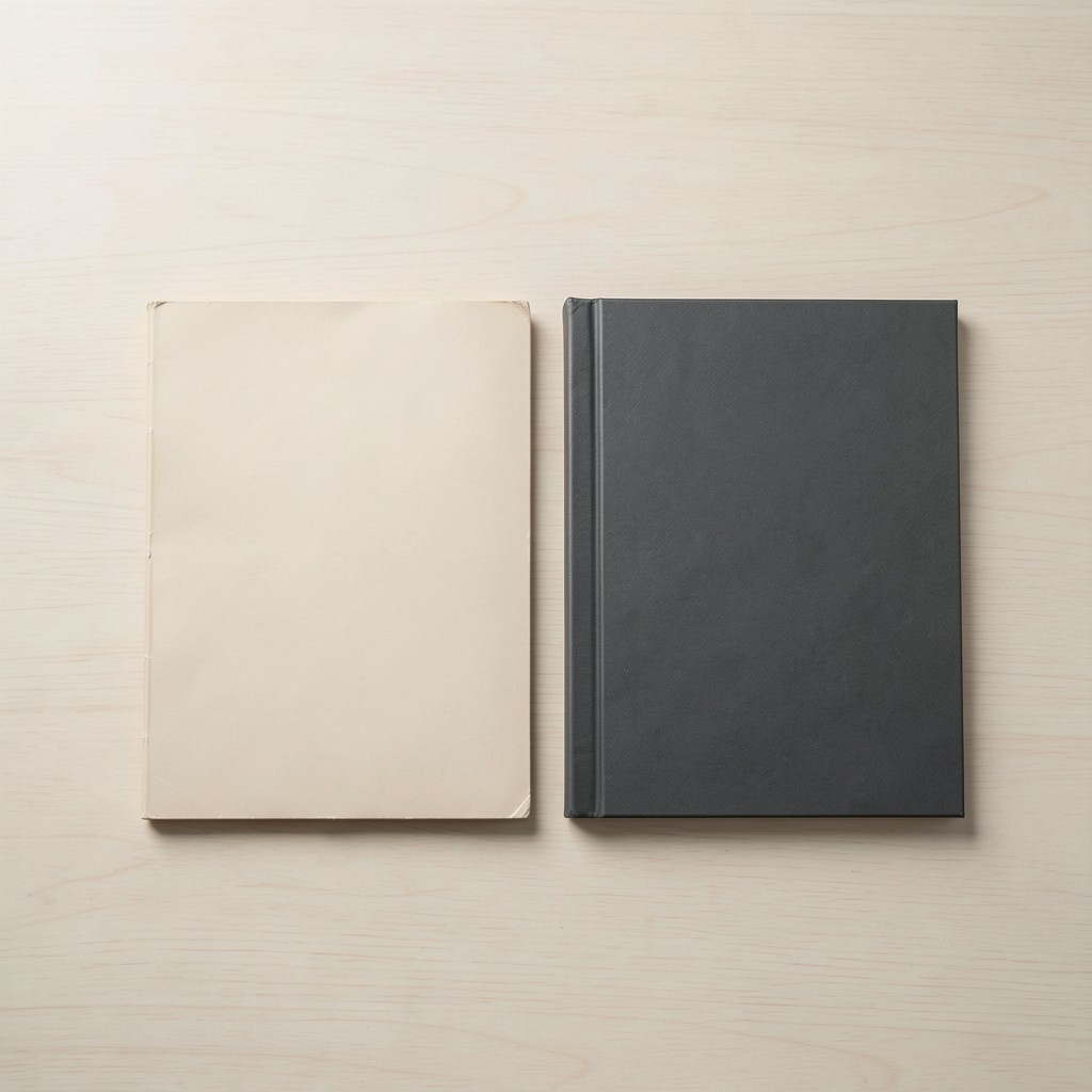 Two document folders side by side on a table, one thin and one thick
