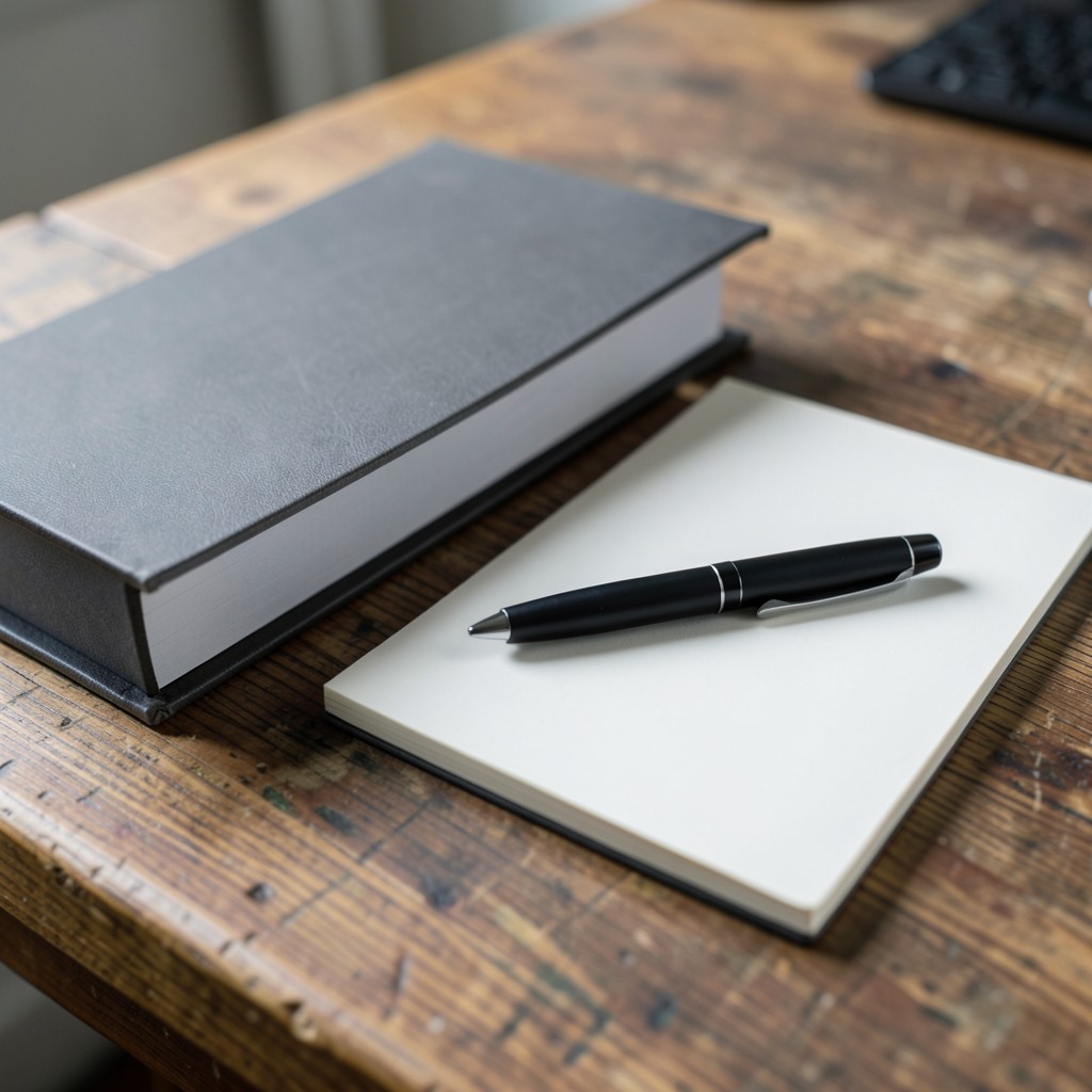 A handwritten checklist and a pen beside a closed binder on a wooden desk