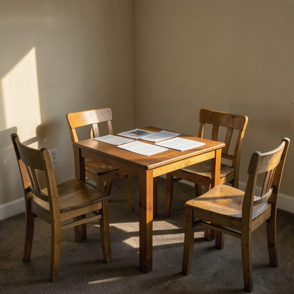 Four chairs around a small table set with printed papers in a reading room
