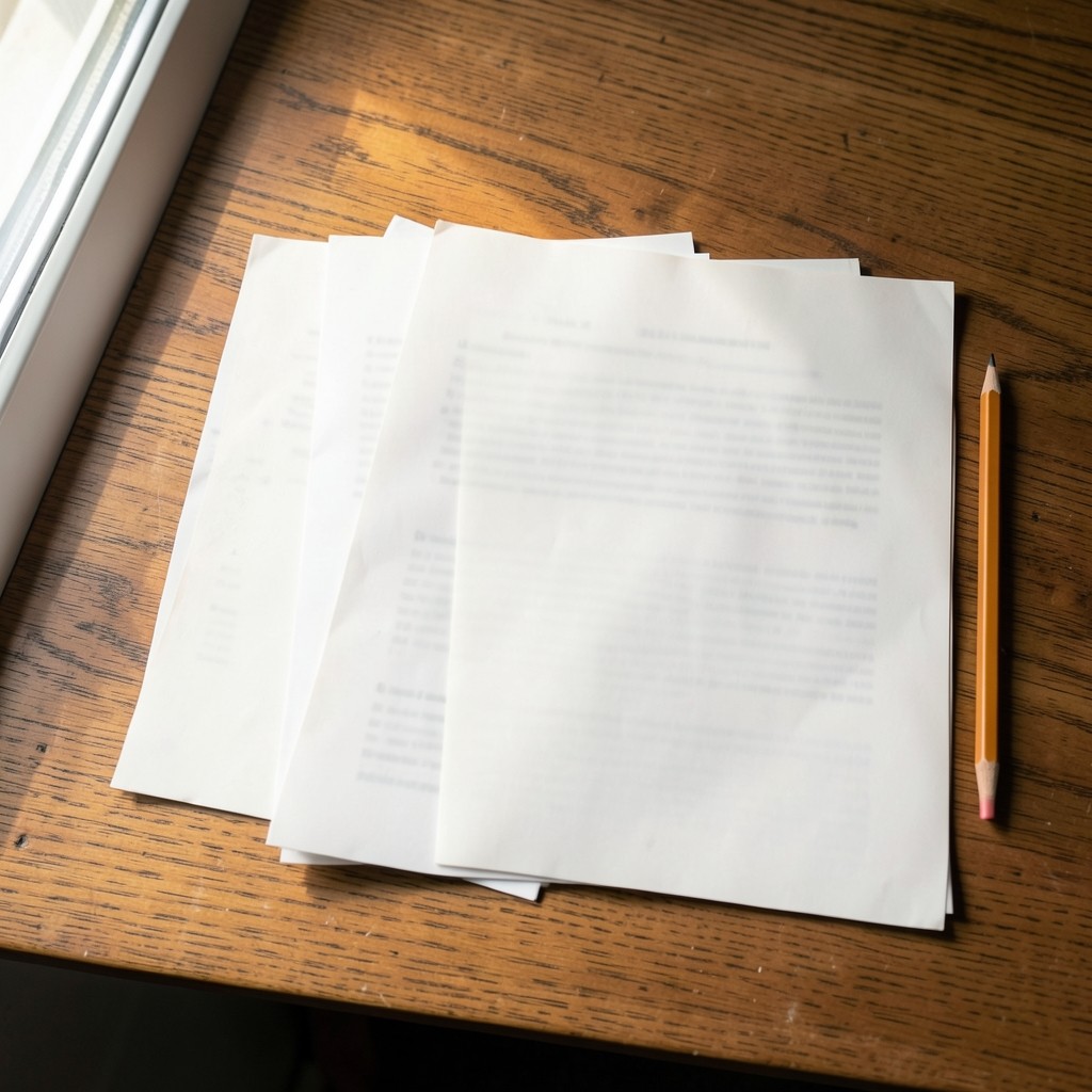 Printed release pages spread in reading order across a wooden desk