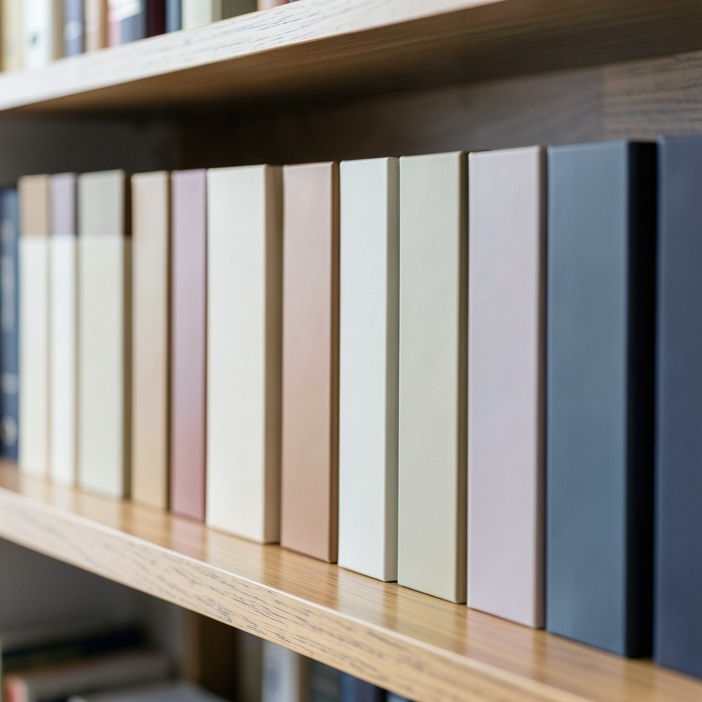 A row of plain binders with colored index tabs on a library shelf