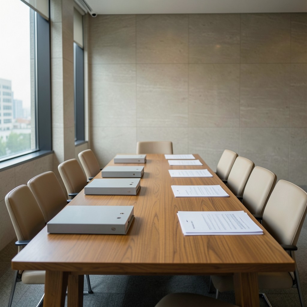 A quiet reading room with a long wooden table, paper binders, and daylight from tall windows