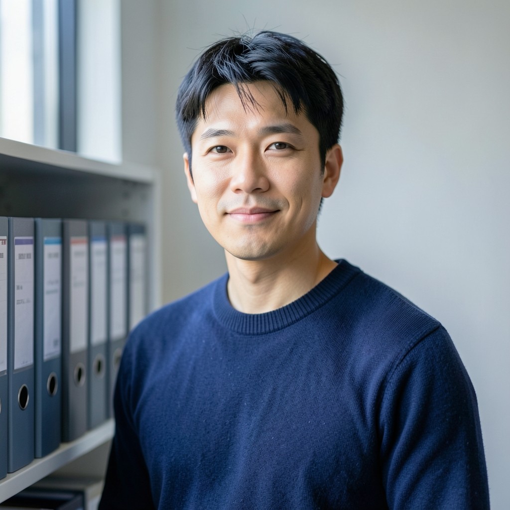 Portrait of Junho Park, update librarian, in a navy sweater beside a shelf of binders