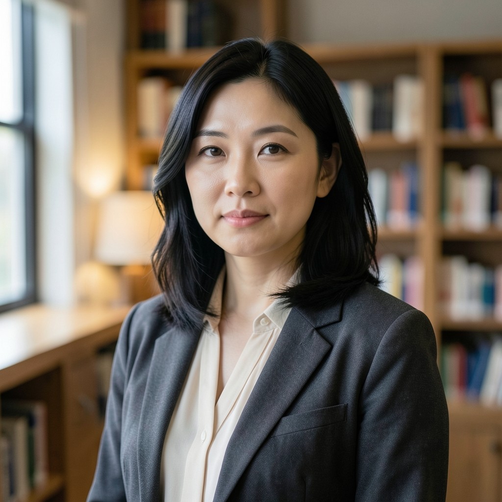 Portrait of Mina Cho, head reader, in a charcoal jacket inside the reading room