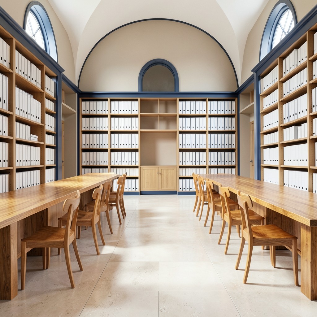 Wide view of a structured reading room with shelves of plain binders and empty study chairs
