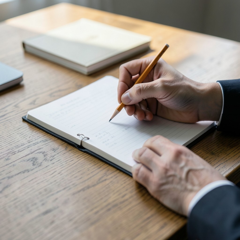 A librarian writing margin notes in a bound booklet at a quiet desk
