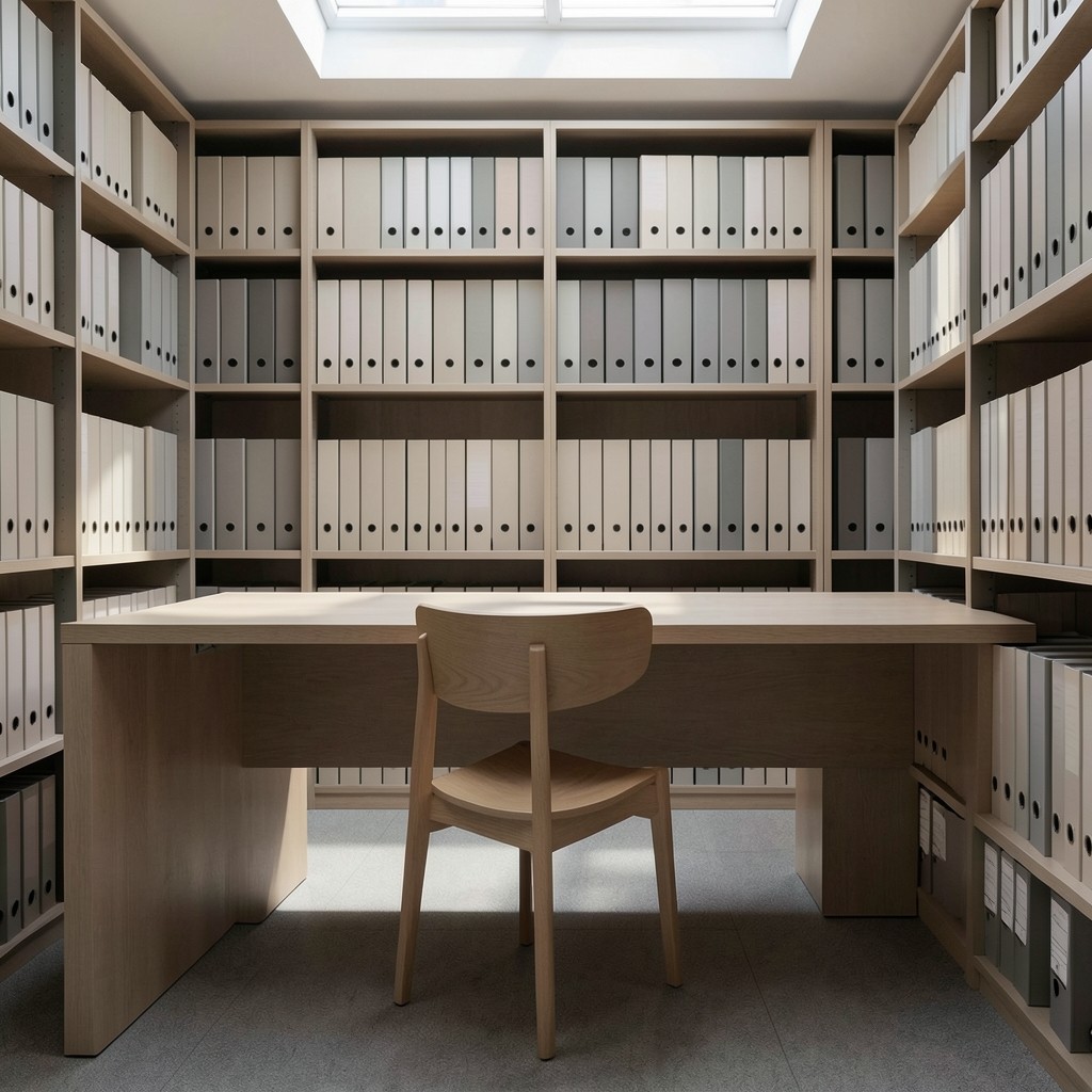 An open library desk with shelves of plain binders and a chair ready for a reserved hour