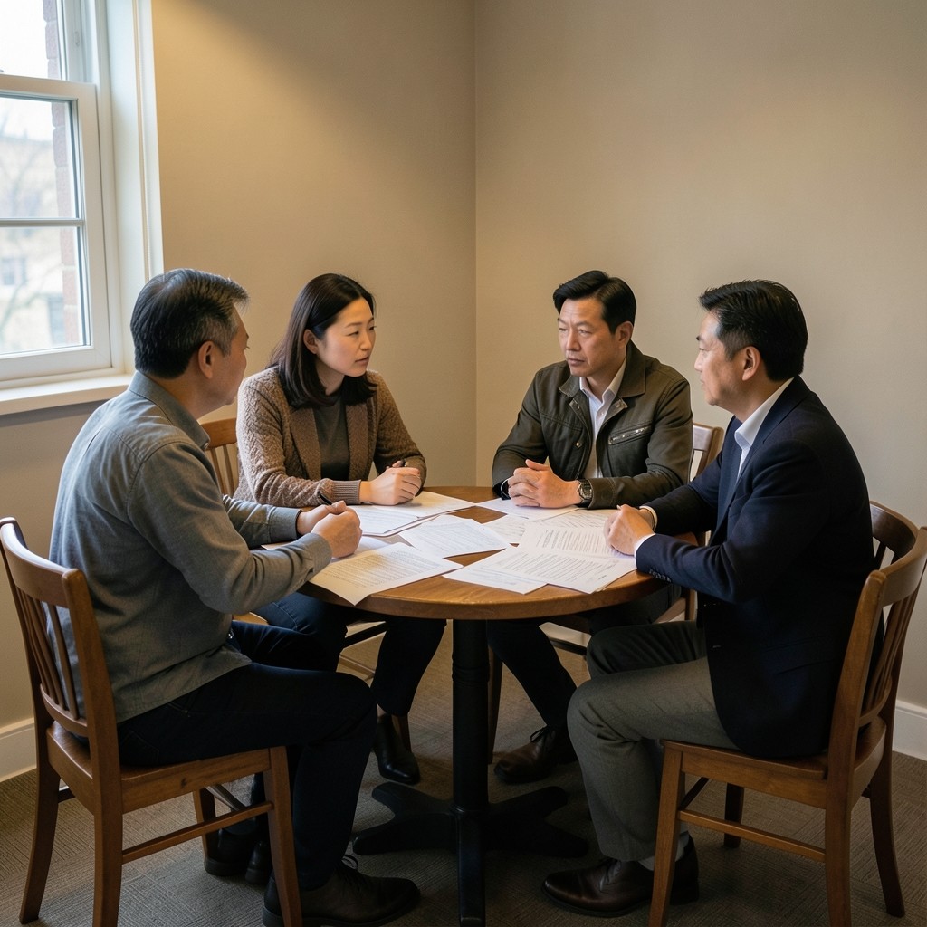 A small group of adults gathered around a library table with printed papers