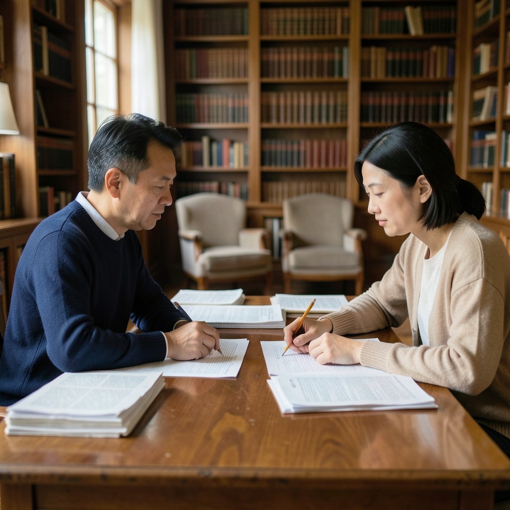 Two adults seated at a wooden table reviewing printed notes during a one-to-one briefing